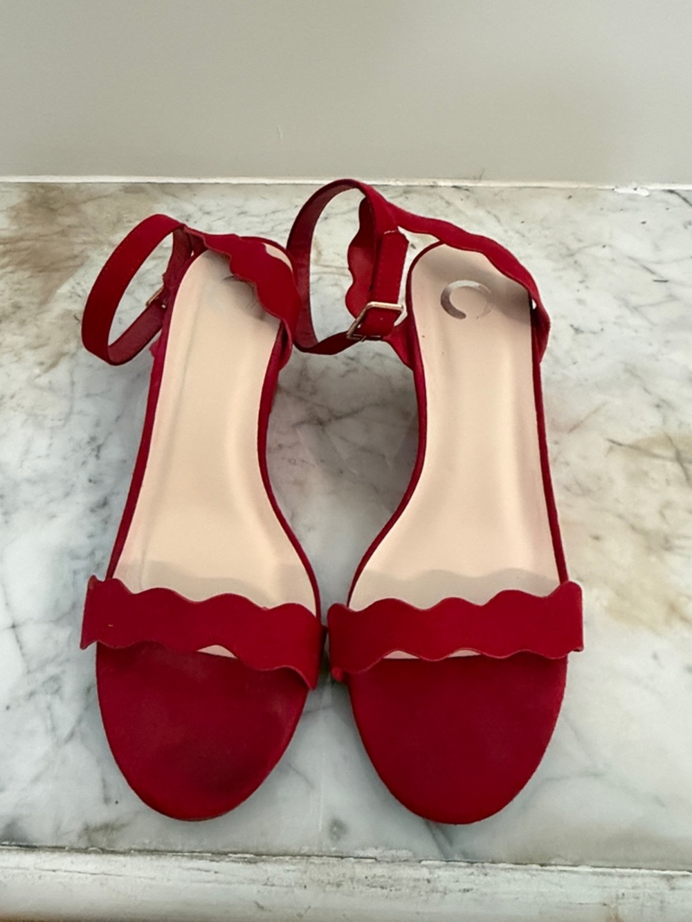Women's Red Scallop-Edge Ankle-Strap Heels